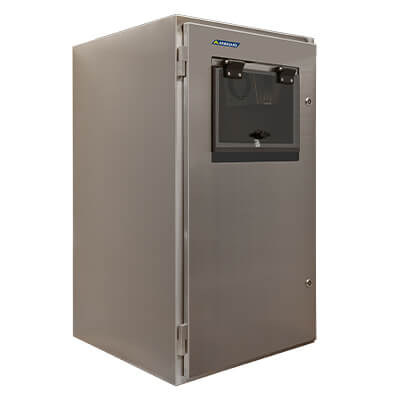 Stainless steel printer enclosure, corner view