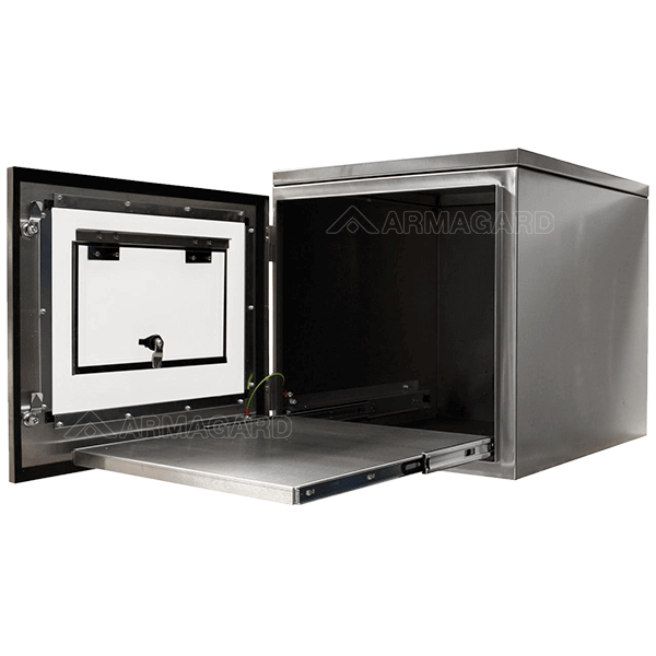 Front-right, open view of the Armagard hygienic printer enclosure