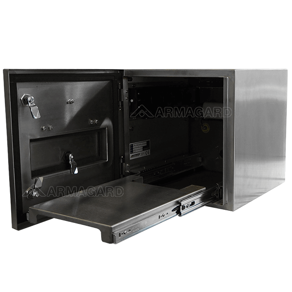 Open view of the clean room printer enclosure with sliding printer tray