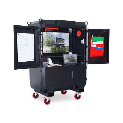 Open view of the mobile jobsite field office box with 42" display