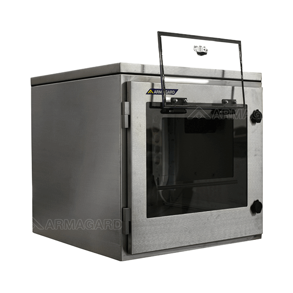 Front-left view of the NEMA 4X hygienic printer enclosure