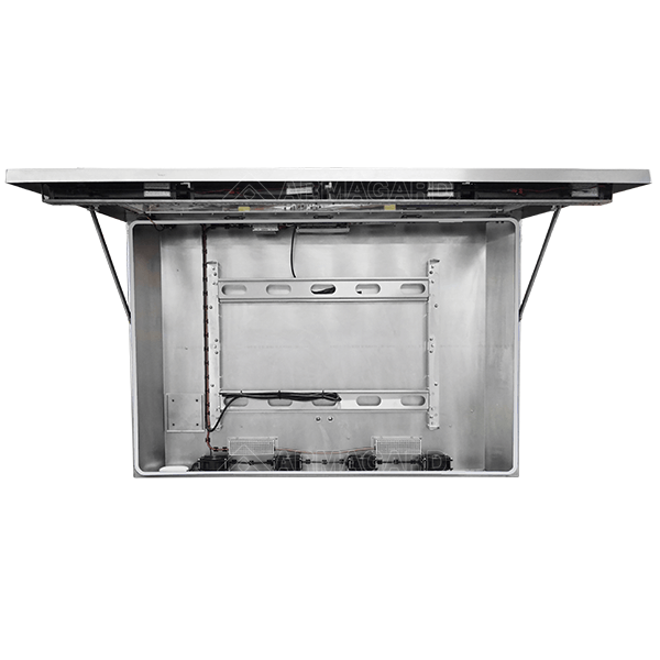 Armagard’s food processing TV enclosure open-front view.